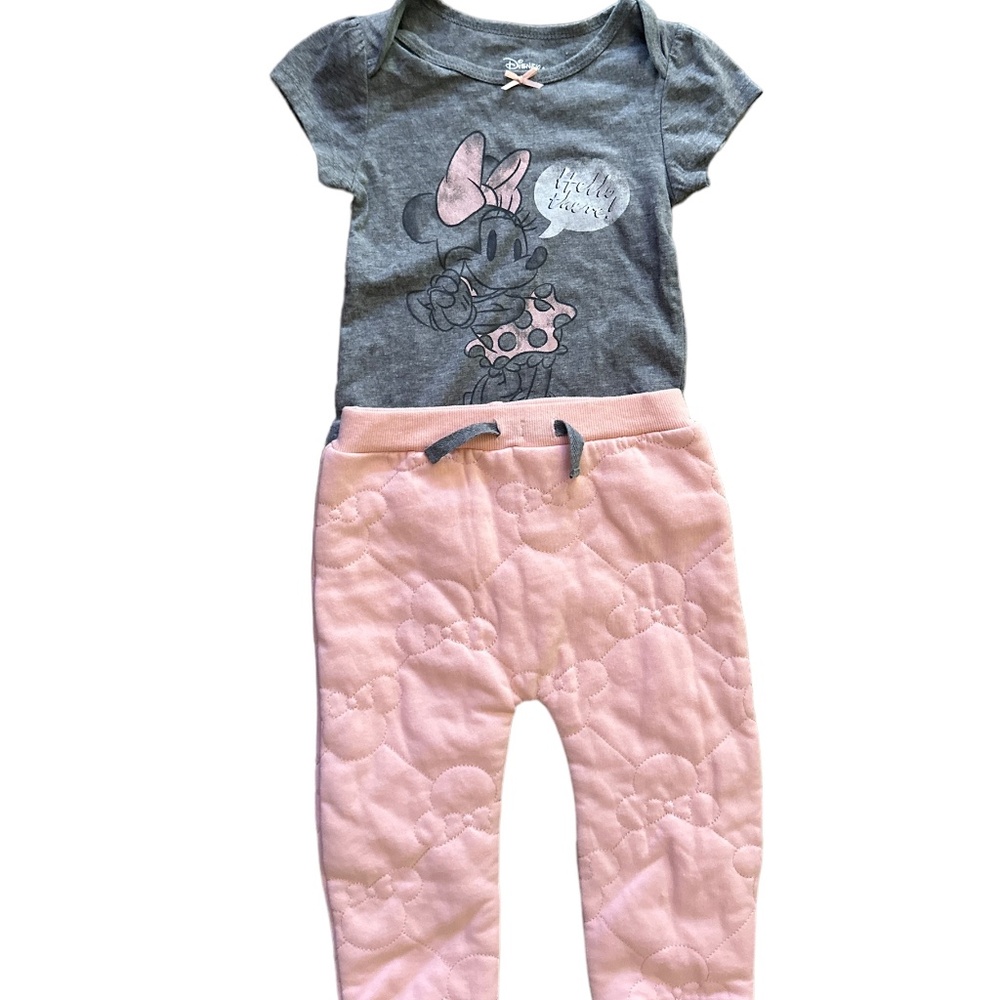 Minnie Mouse 2 Piece Outfit Bodysuit Pink Quilted Thick Pants 24 Months NWOT